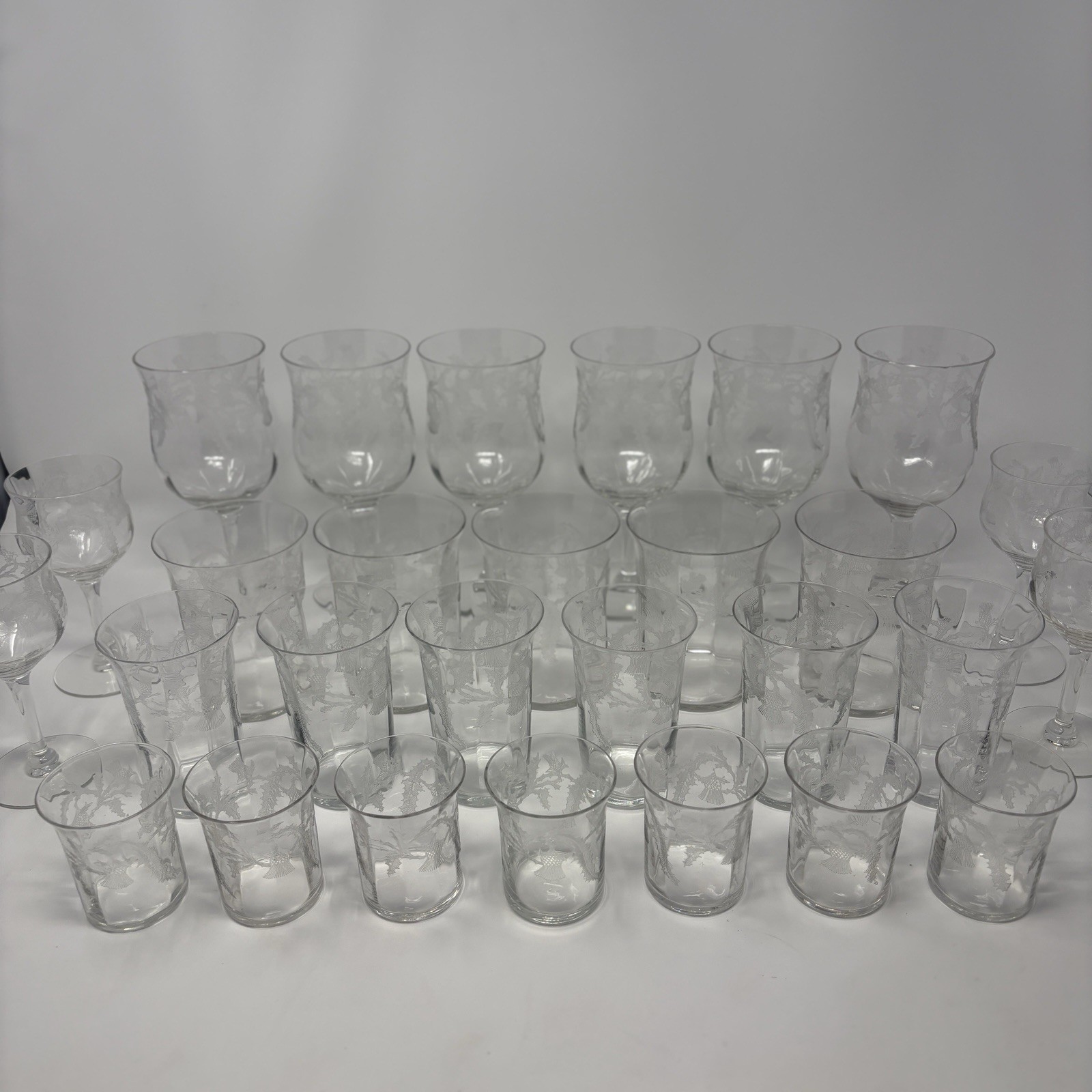 1920s Central Glass Thistle Etched Glassware 28 Pc Set Goblets Tumblers Antique