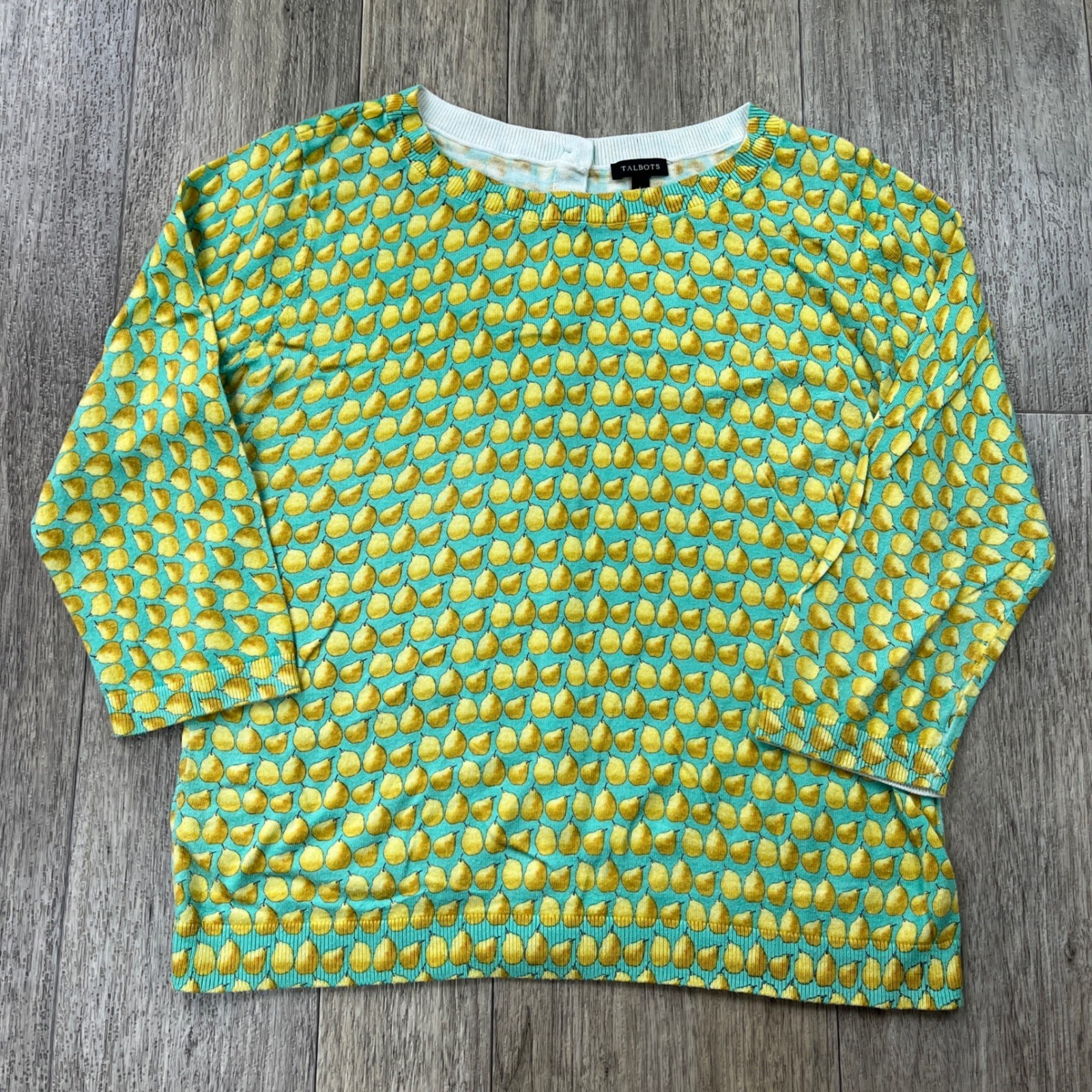 Talbots Womens Large Yellow Pear Print Button Back 3/4 Sleeve Sweater