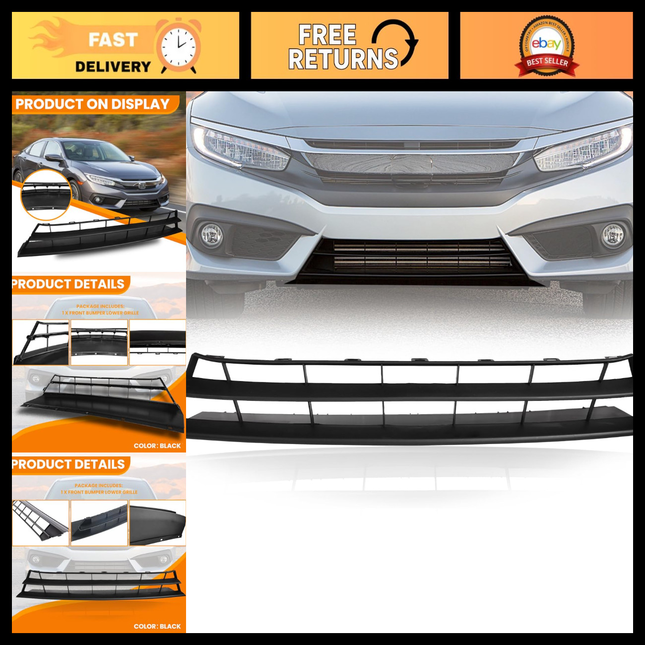 Front Bumper Lower Intake Grille Replacement Kit for 2016-2018 Honda Civic - Bla Front Bumper Lower Intake Grille Replacement Kit for 2016-2018 Honda Civic - Bla