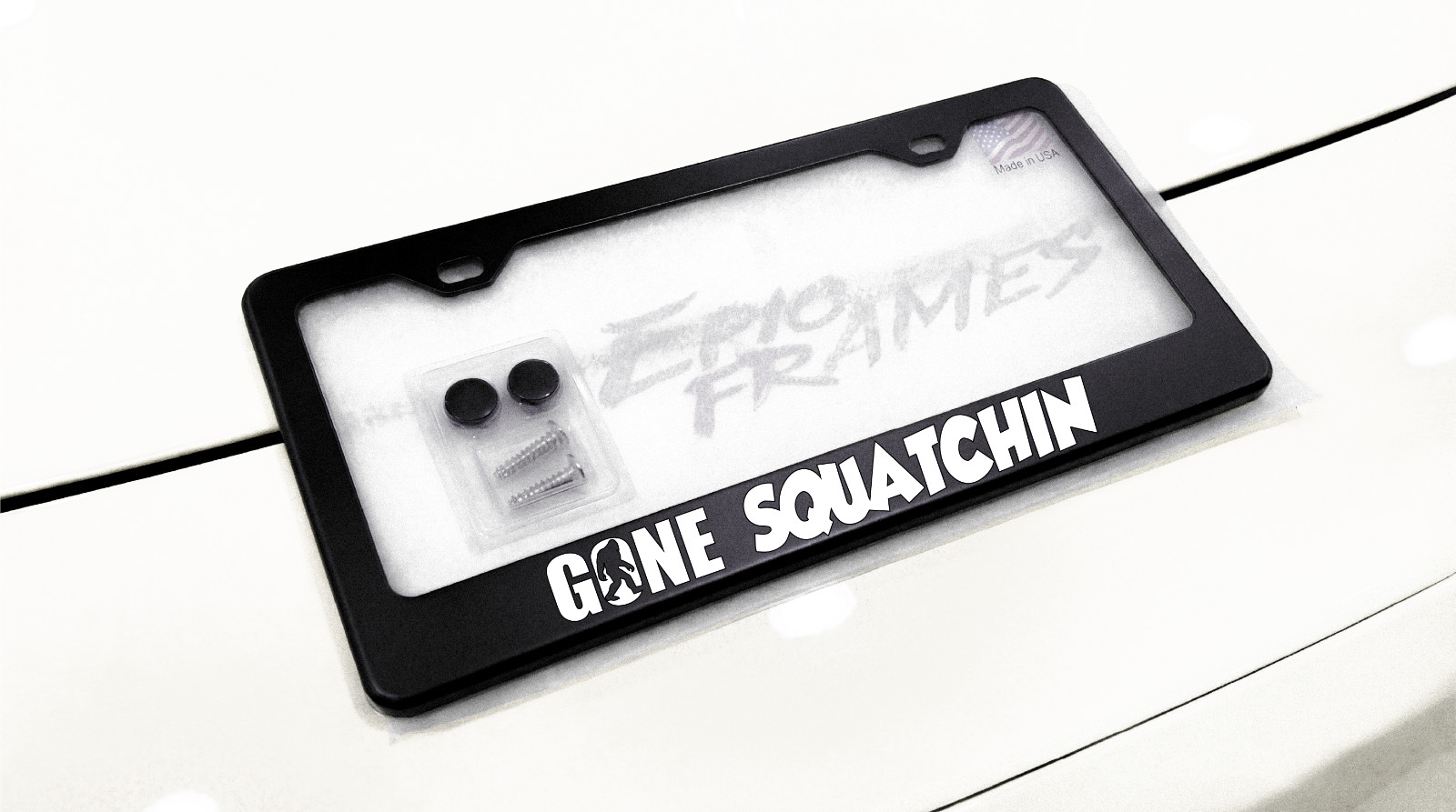 Gone Squatchin Sasquatch / Big Foot License Plate Frame Black Stainless-Steel Gone Squatchin Sasquatch / Big Foot License Plate Frame Black Stainless-Steel