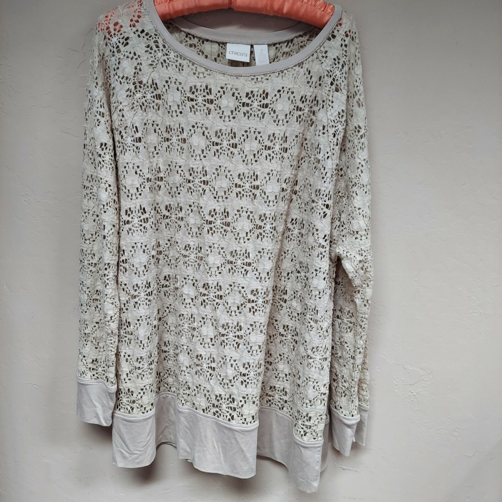 New Chico\'s Women\'s Noel Novelty Texture Tunic Top Size 2 Off-White Long Sleeve