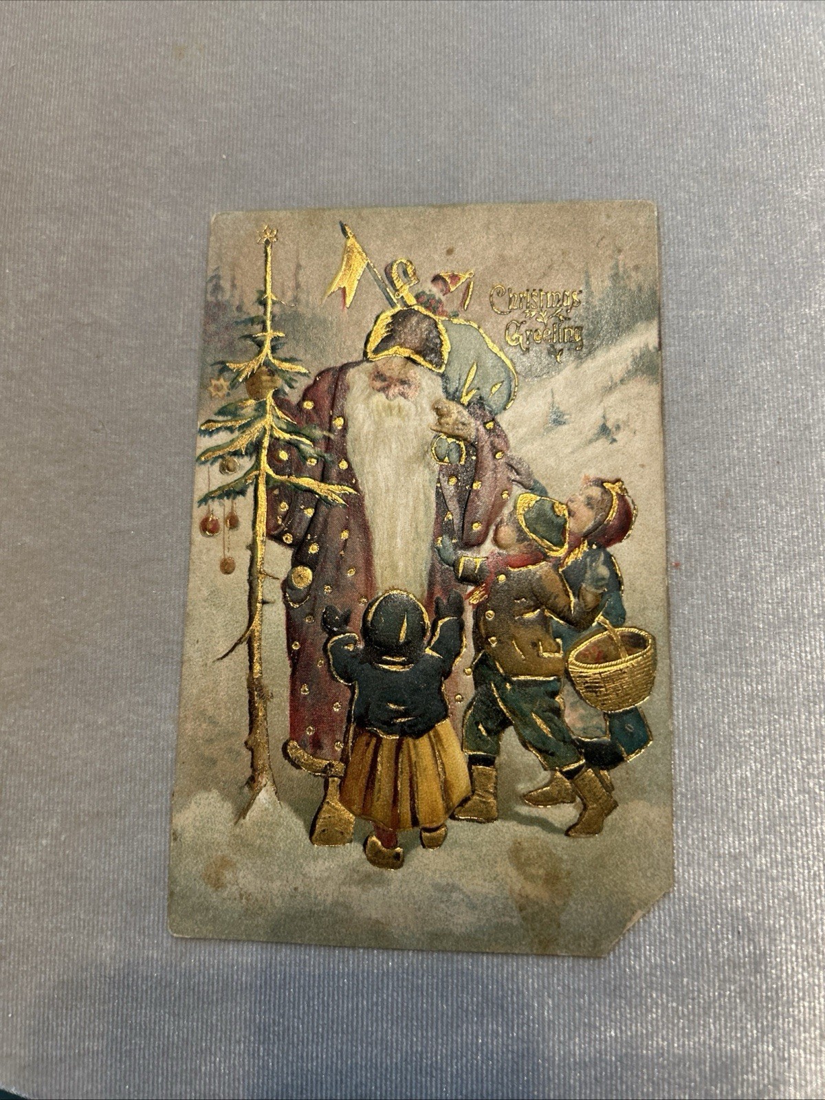 Vintage Gold Outlined Santa Claus Postcard- missing corner Vintage Gold Outlined Santa Claus Postcard- missing corner