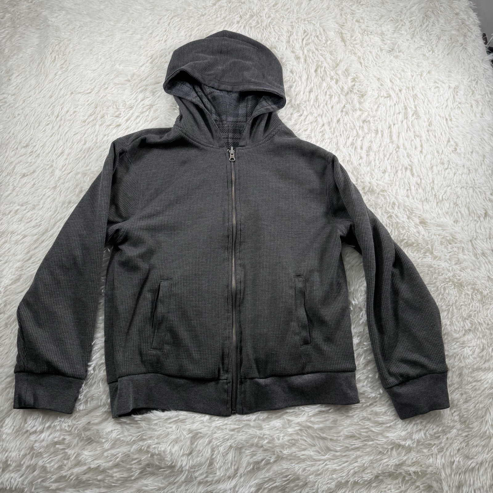 Vintage 1960s Double Face Reversible Talon Zipper Hoodie Waffle Weave Thermal M