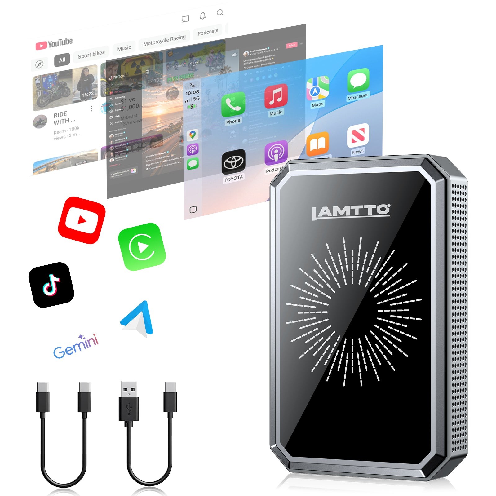 LAMTTO 4-in-1 Wireless CarPlay AI Box Android Auto Adapter with Gemini Netflix