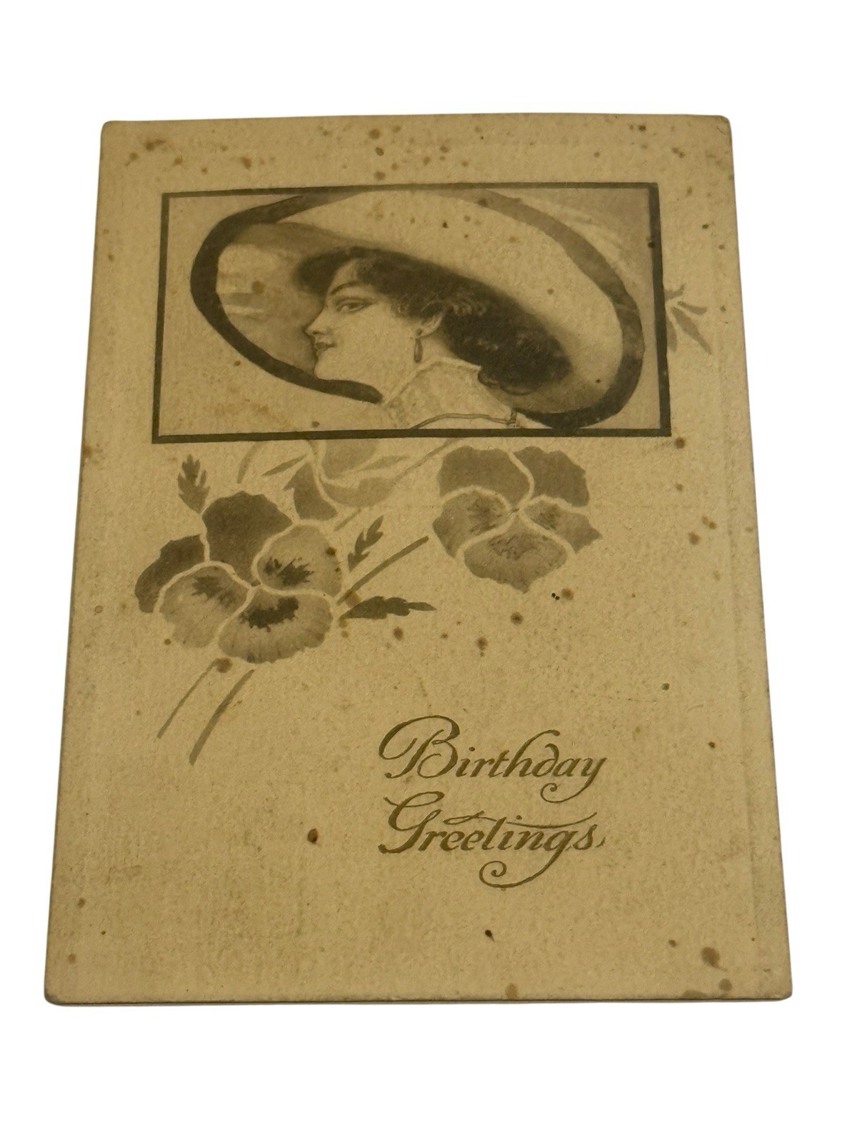 Antique 1910 Birthday Greetings Postcard Pretty Lady Large Hat Pansy Flowers