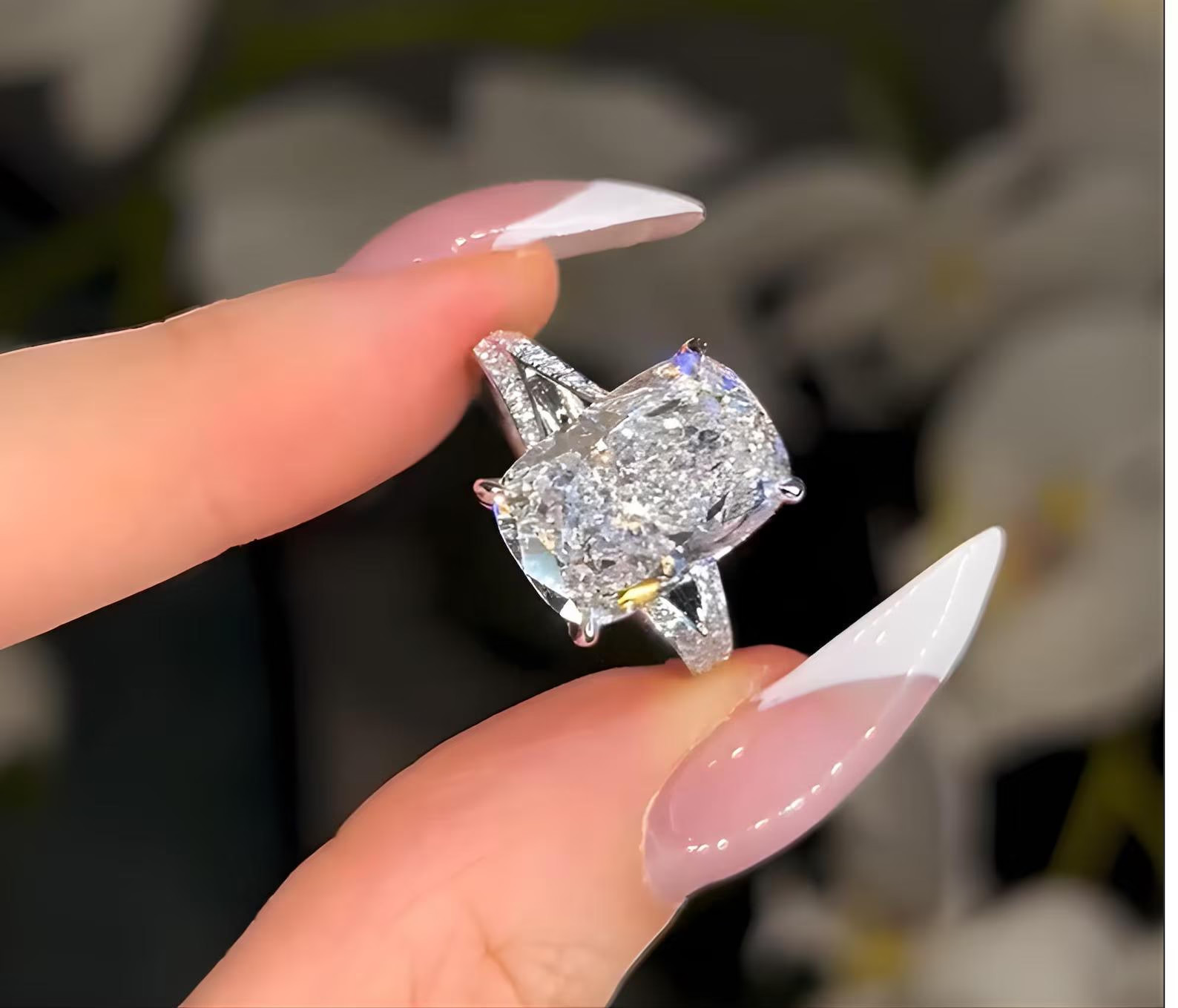 4CT Elongated Cushion Cut Real Moissanite Engagement Ring 14k White Gold Plated
