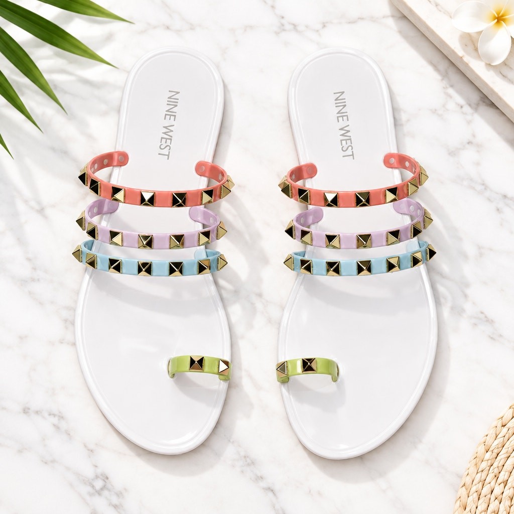 Nine West Pastel Pastel Studded Jelly Flat Sandals Toe Loop Slip On NWOB Sz 6