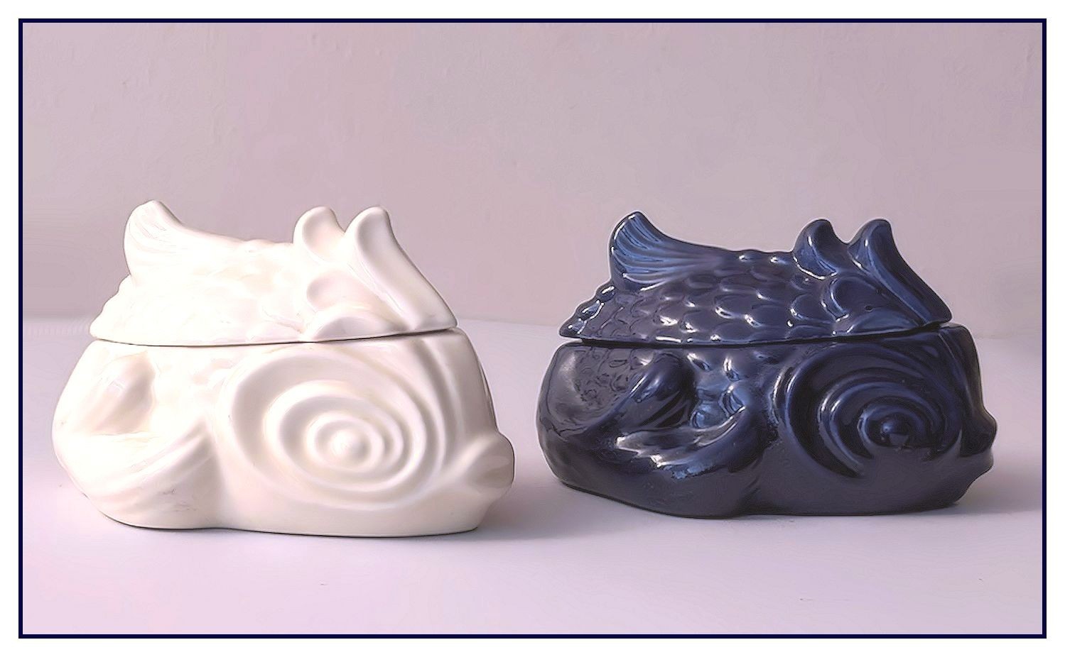 RED WING POTTERY Very Rare Set of #247 Koi Fish Baking Dishes, Cream & Dark Blue