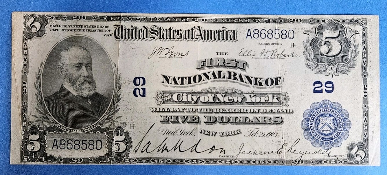 1902 $5 PB New York National Currency Note FNB City Of New York CH# 29 VF/XF 1902 $5 PB New York National Currency Note FNB City Of New York CH# 29 VF/XF