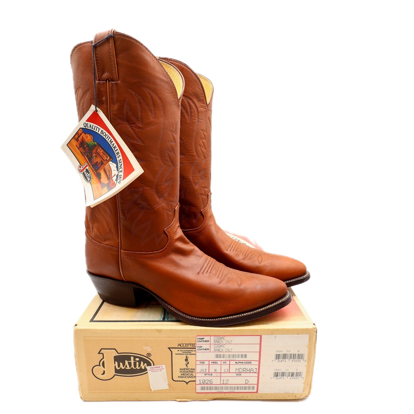 Justin Cowboy Boots Mens 12 D Cognac Ranch Calf Leather Western Deadstock 1026