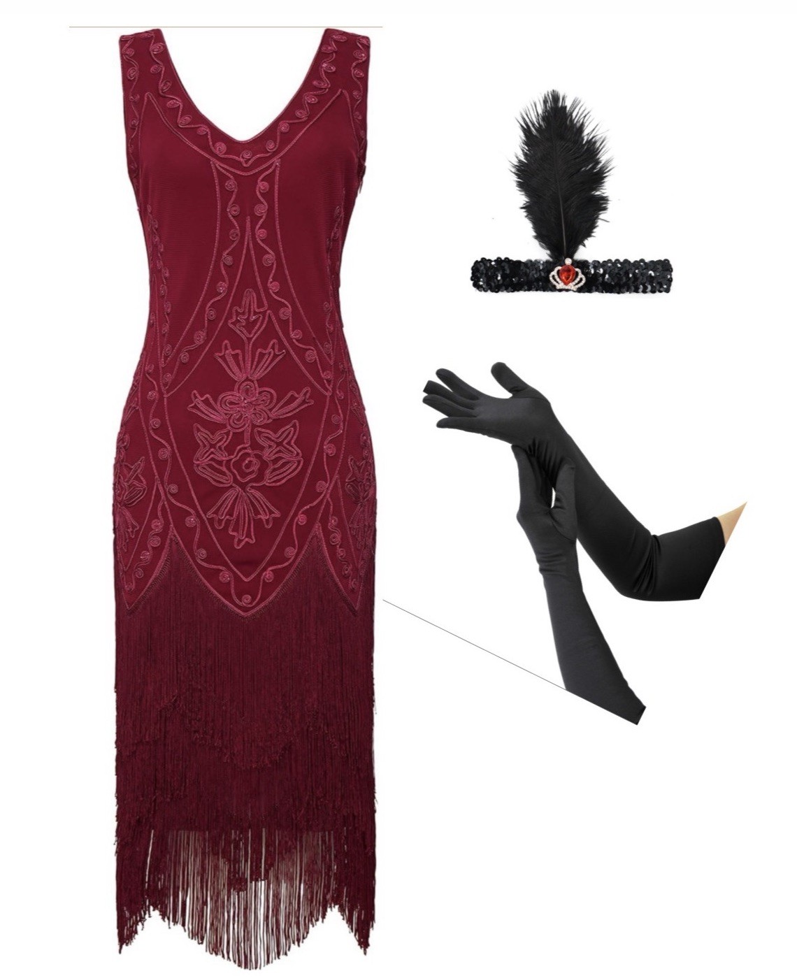 Babeyond Flapper Dress 3XL Red Wine V-Neck Zip Headband & Gloves 20’s Gatsby