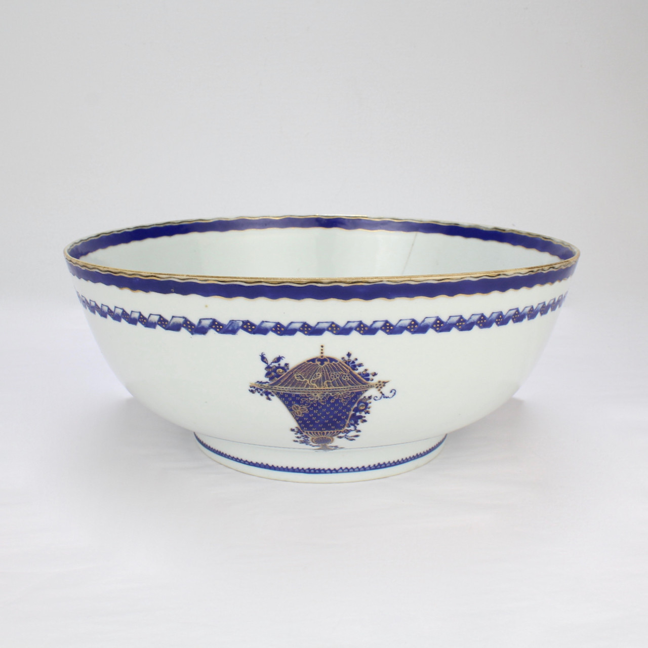 Antique 18th Century Chinese Export Porcelain Punch Bowl W Old Staple Repair