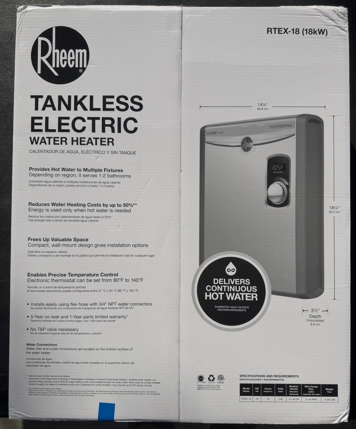 RHEEM RTEX-18 PROFFESIONAL Tankless Instant Electric Water Heater 240VAC, 18Kw RHEEM RTEX-18 PROFFESIONAL Tankless Instant Electric Water Heater 240VAC, 18Kw