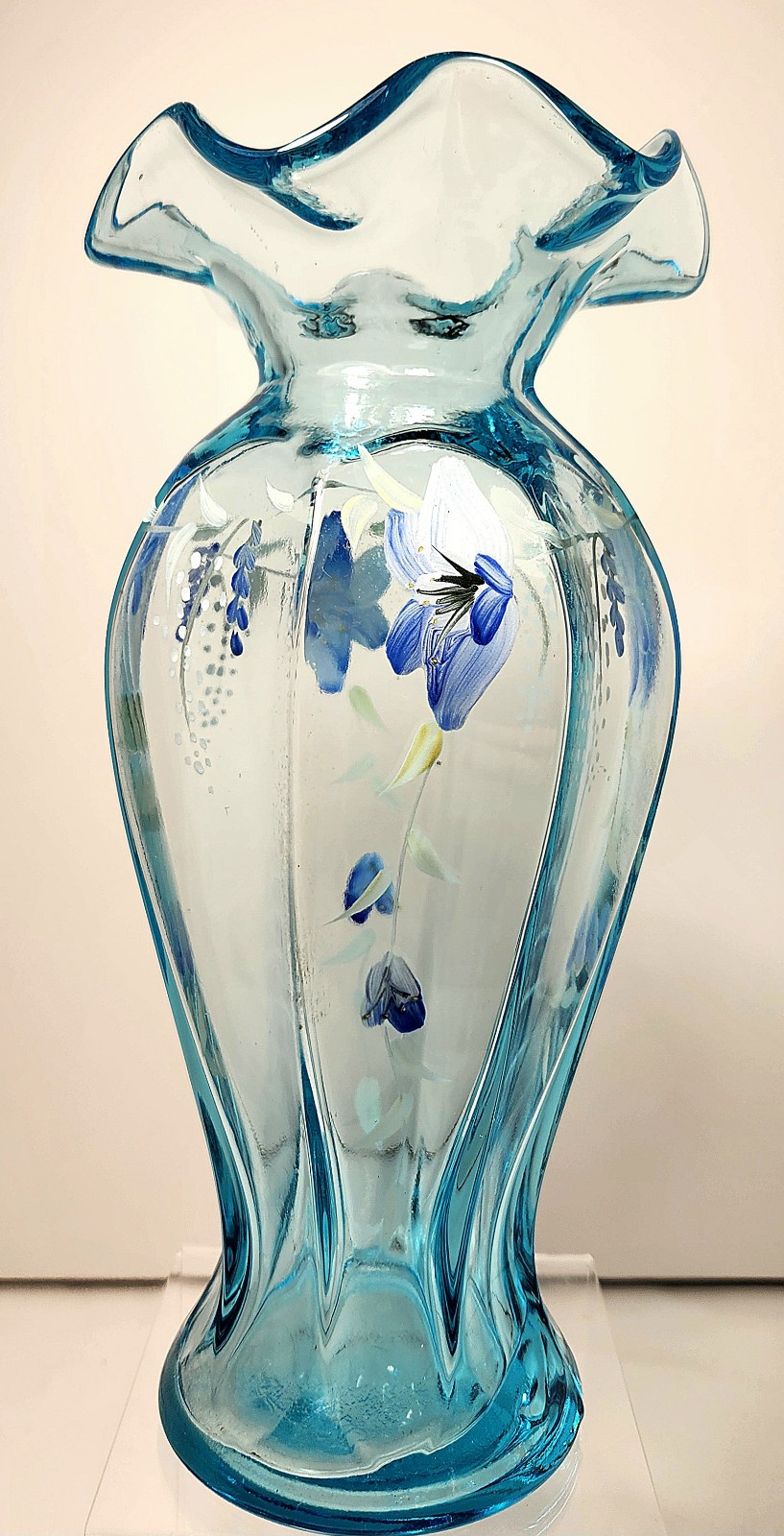 Vintage Fenton Pre-1970 Aqua Blue Hand-Painted Floral Art Glass Vase Ruffle 9