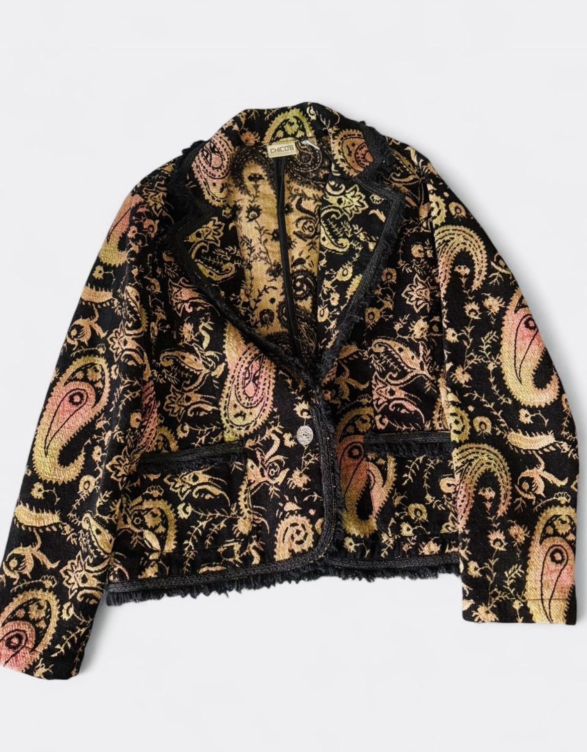 Vintage Chico\'s tapestry jacket with Paisley Fringe, black gold & pink Vintage Chico\'s tapestry jacket with Paisley Fringe, black gold & pink
