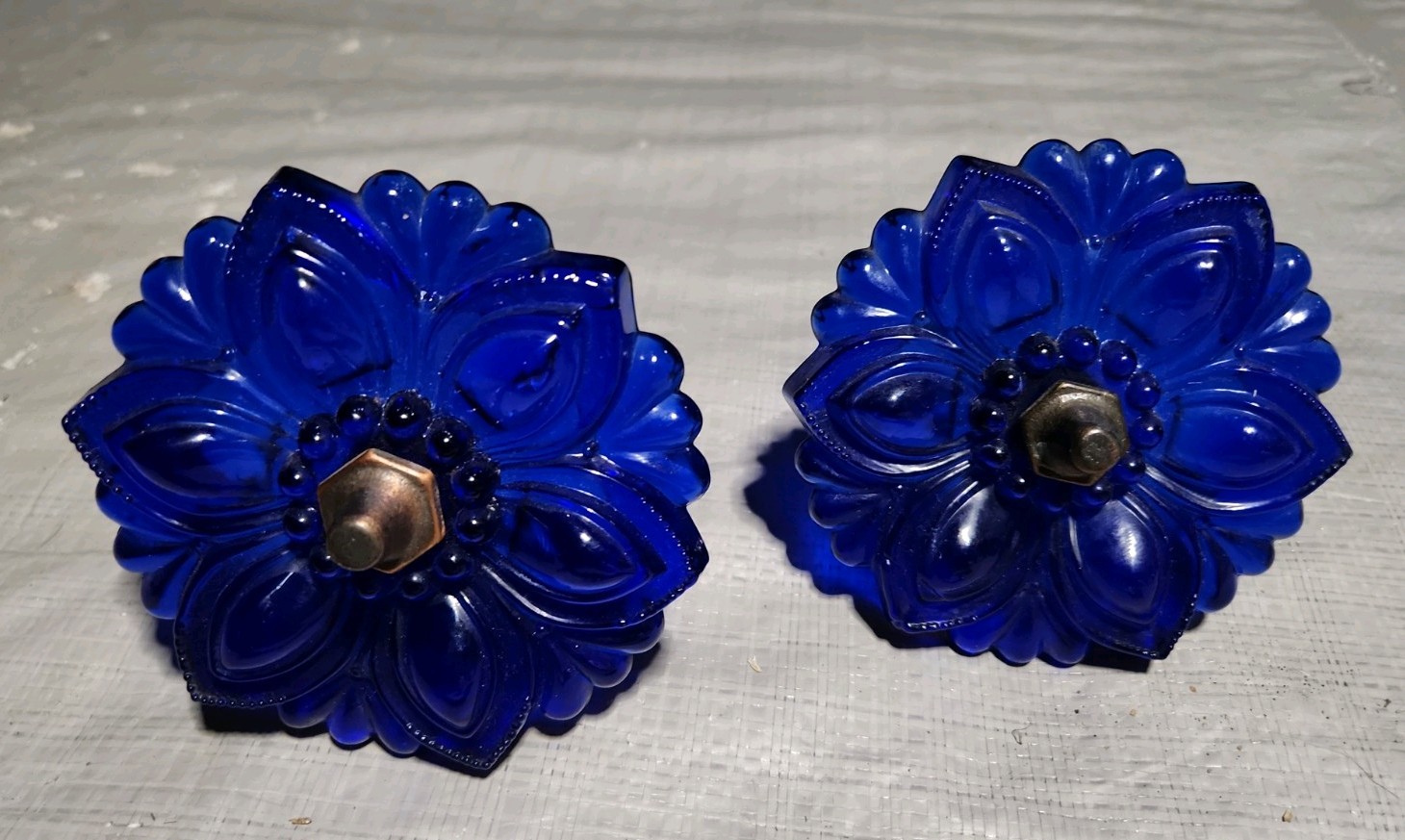 2 Huge 4.5” Antique Cobalt Blue Pressed Glass Curtain Tiebacks  Rosette Flower