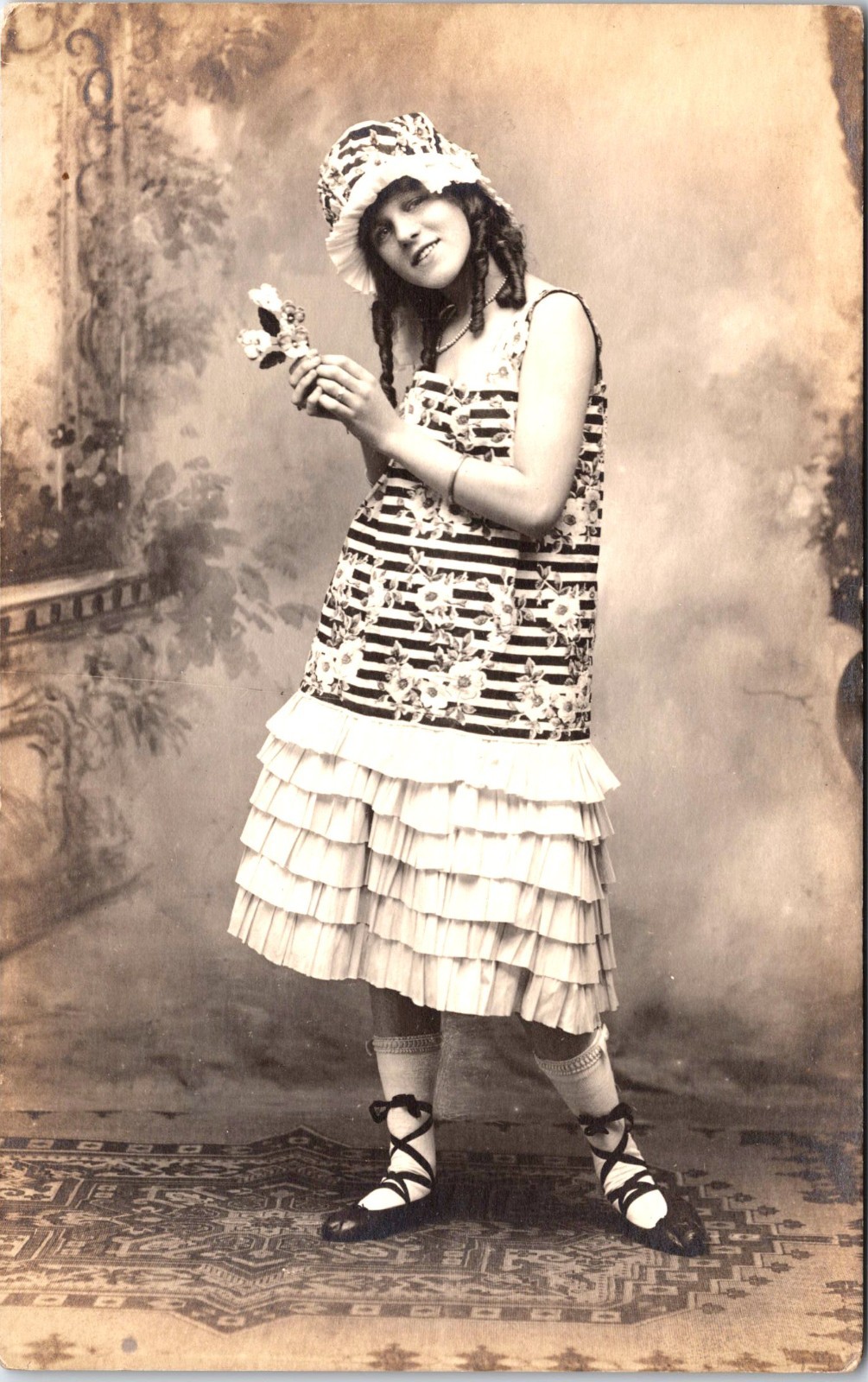 UNUSUAL DRESS FANCY HAT : YOUNG WOMAN : FLAPPER ERA : FASHION : RPPC c1920 UNUSUAL DRESS FANCY HAT : YOUNG WOMAN : FLAPPER ERA : FASHION : RPPC c1920