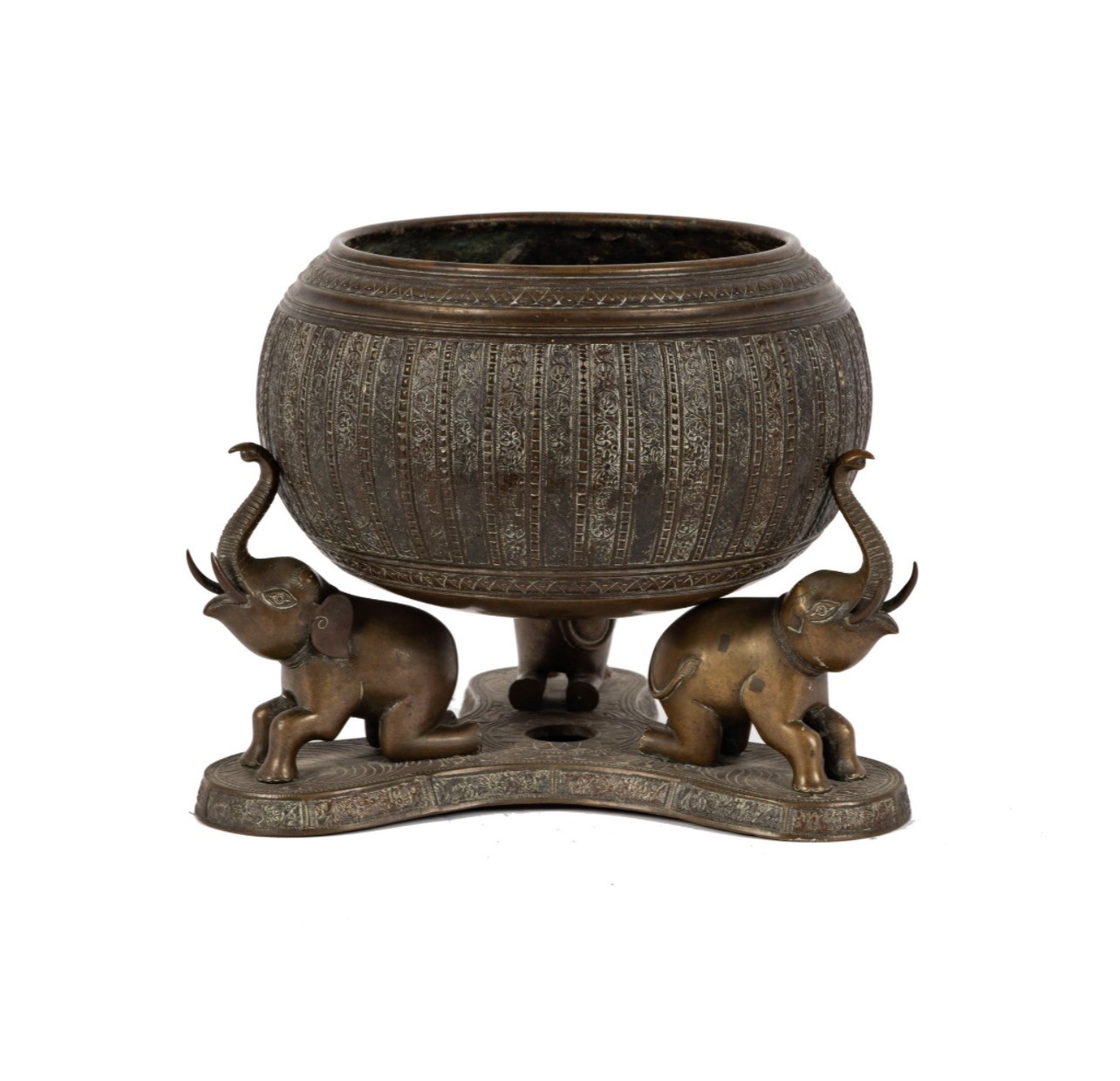 19thC. Antique Indian Heavy Cast Bronze Singing Bowl On Elephant Stand 19thC. Antique Indian Heavy Cast Bronze Singing Bowl On Elephant Stand