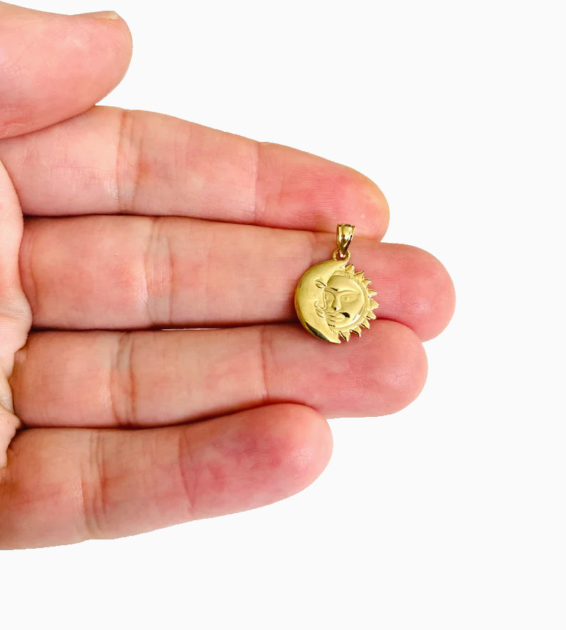 14K Solid Gold Sun & Moon Pendant - 19mmx13mm Small Celestial Charm- PT1936 14K Solid Gold Sun & Moon Pendant - 19mmx13mm Small Celestial Charm- PT1936