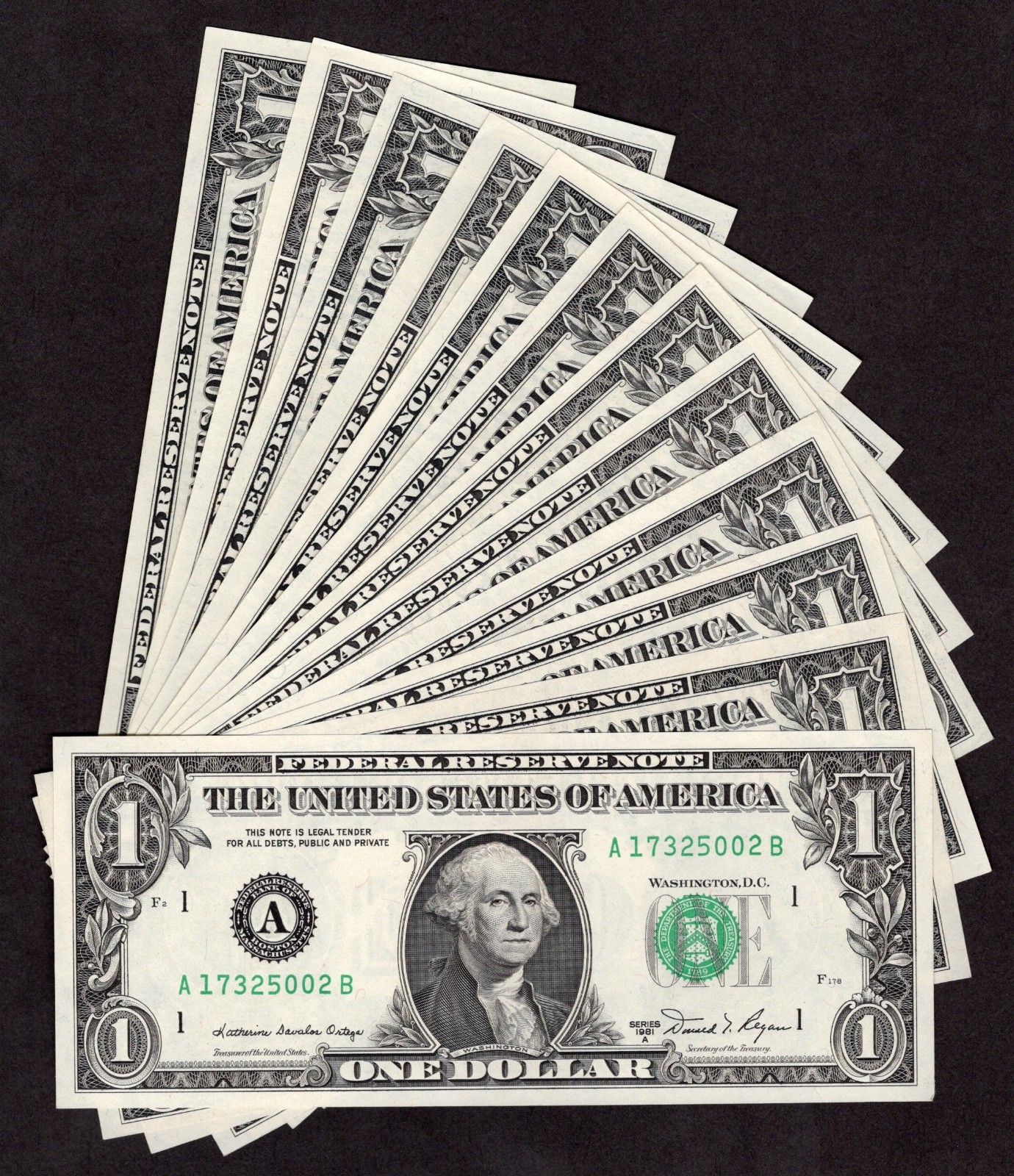 1981A $1 Complete District Set. 12 Crisp & Uncirculated Banknotes. A to L