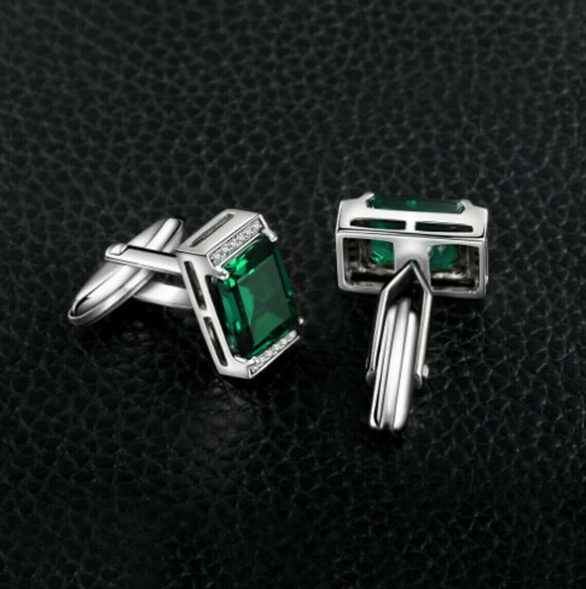 3 CT Emerald Cut Lab Created Green Emerald Men\'s Cufflink 14K White Gold Plated.