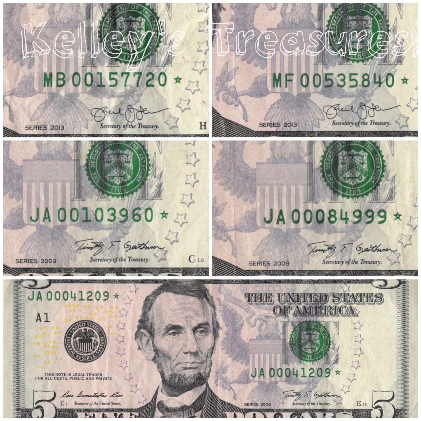 Lot of Five Zip Code Star Notes Five Dollar Bills w/Years 2009, 2013