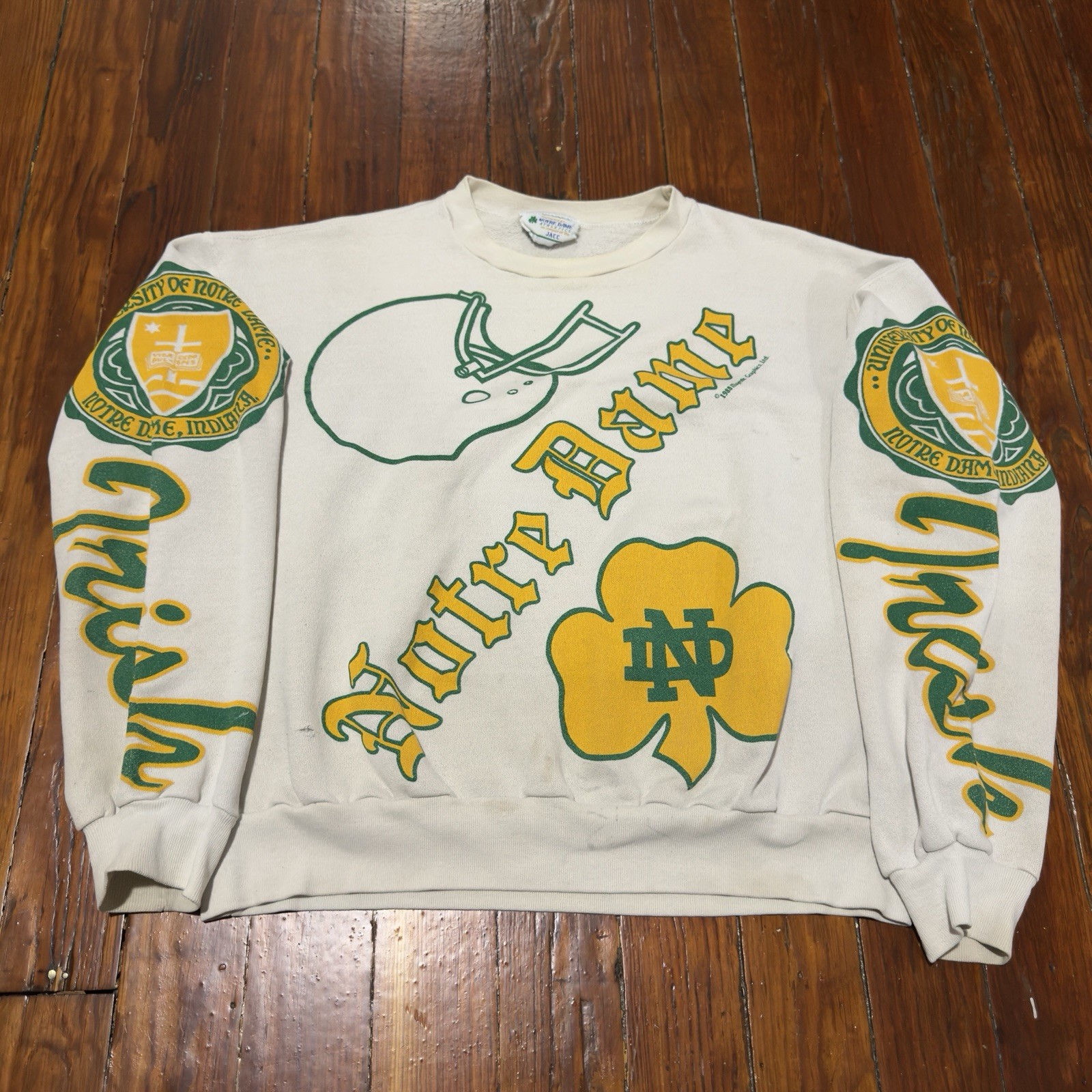 Vintage 1988 Notre Dame AOP Crewneck Sweatshirt Fighting Irish NCAA Size XL RARE Vintage 1988 Notre Dame AOP Crewneck Sweatshirt Fighting Irish NCAA Size XL RARE