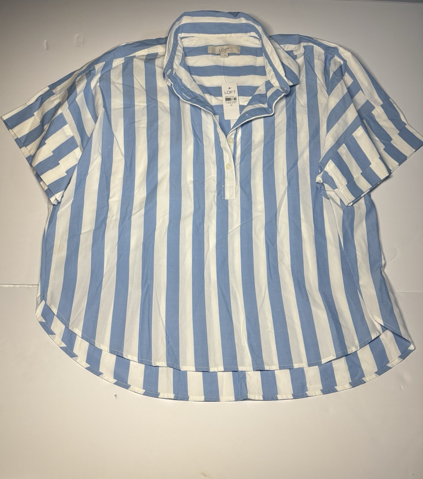 NWT LOFT Womens Medium Blue White Striped Popover Shirt Short Sleeve Blouse