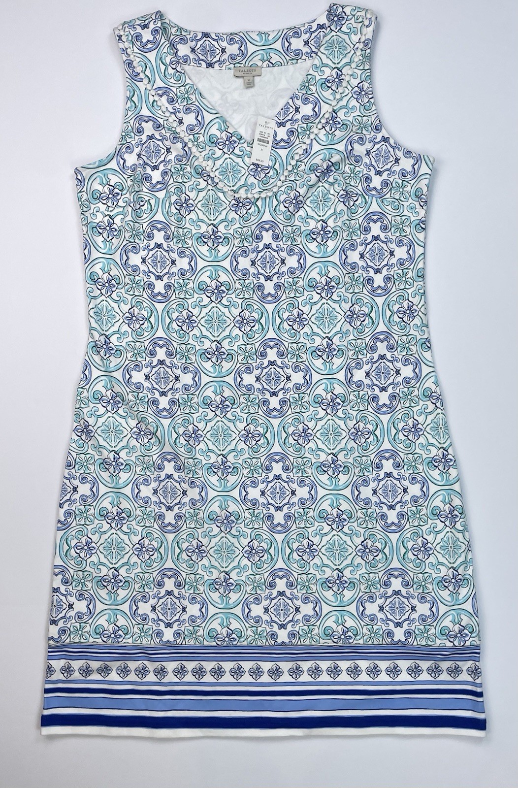 NWT Talbots Sleeveless Shift Dress Size X Mediterranean Mosaic Tile Blue Resort