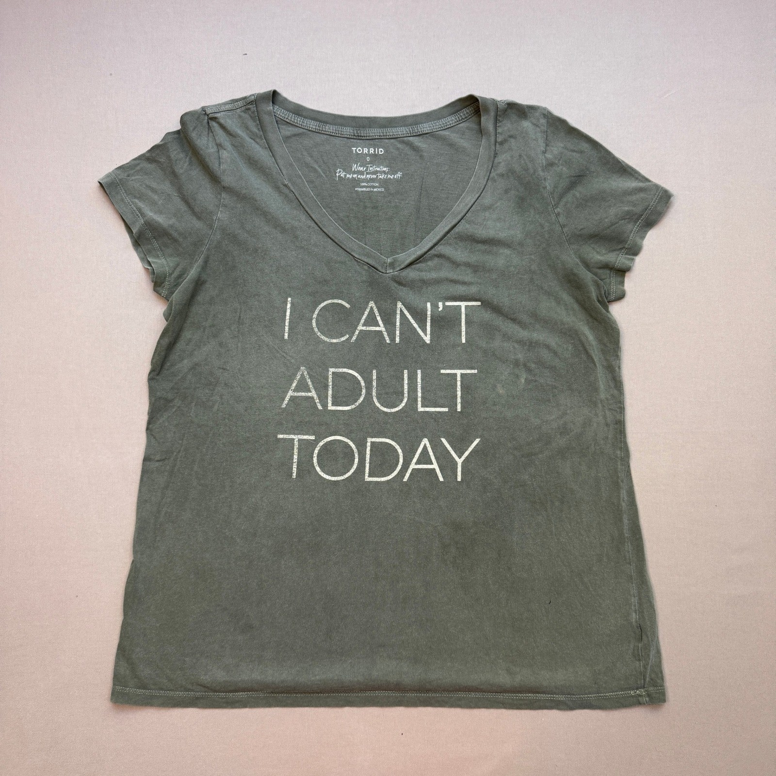 Torrid I Can\'t Adult Today Graphic V-Neck Tee Olive Green Cotton Size 0 L XL
