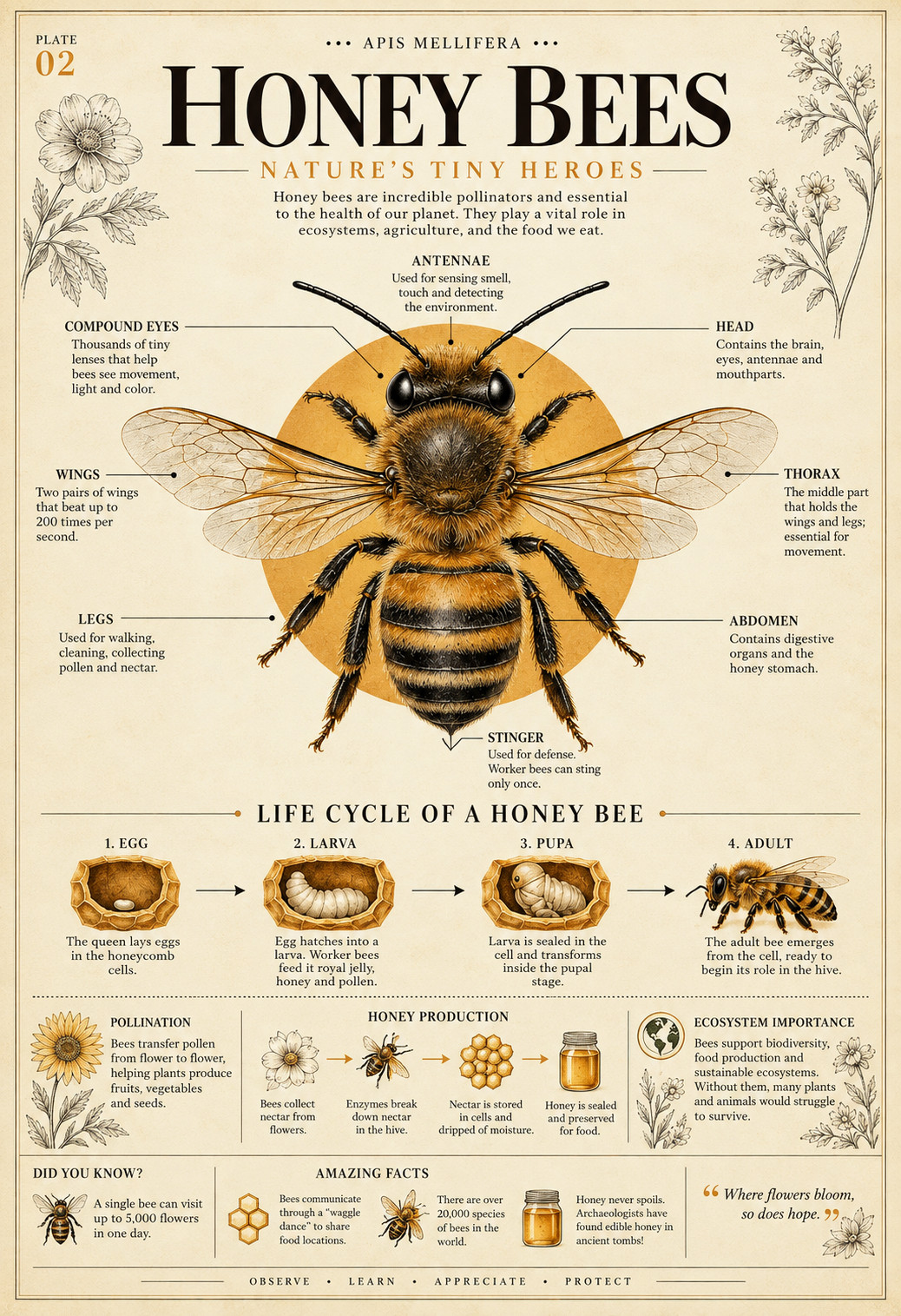 Honey Bee Anatomy Life Cycle Vintage Nature Educational Poster 13x19 Honey Bee Anatomy Life Cycle Vintage Nature Educational Poster 13x19