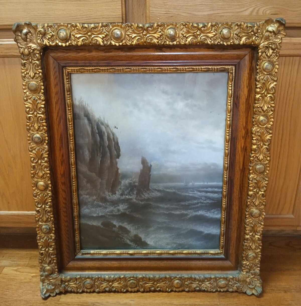 Ships in Stormy Sea Antique Painting w/Antique Gold Tone Frame, unknown Artist