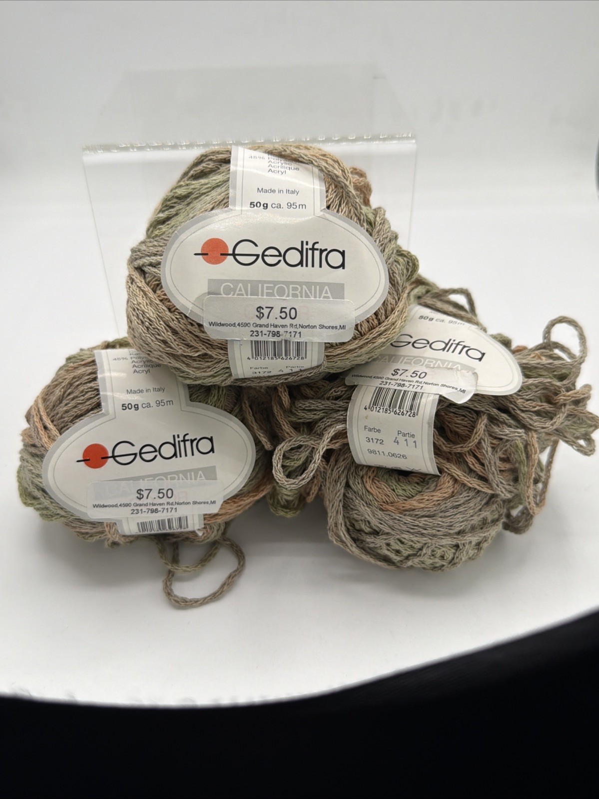 Gedifra California Yarn Lot Of 3 Made in Italy  50g / 70m Each Irregular Shape