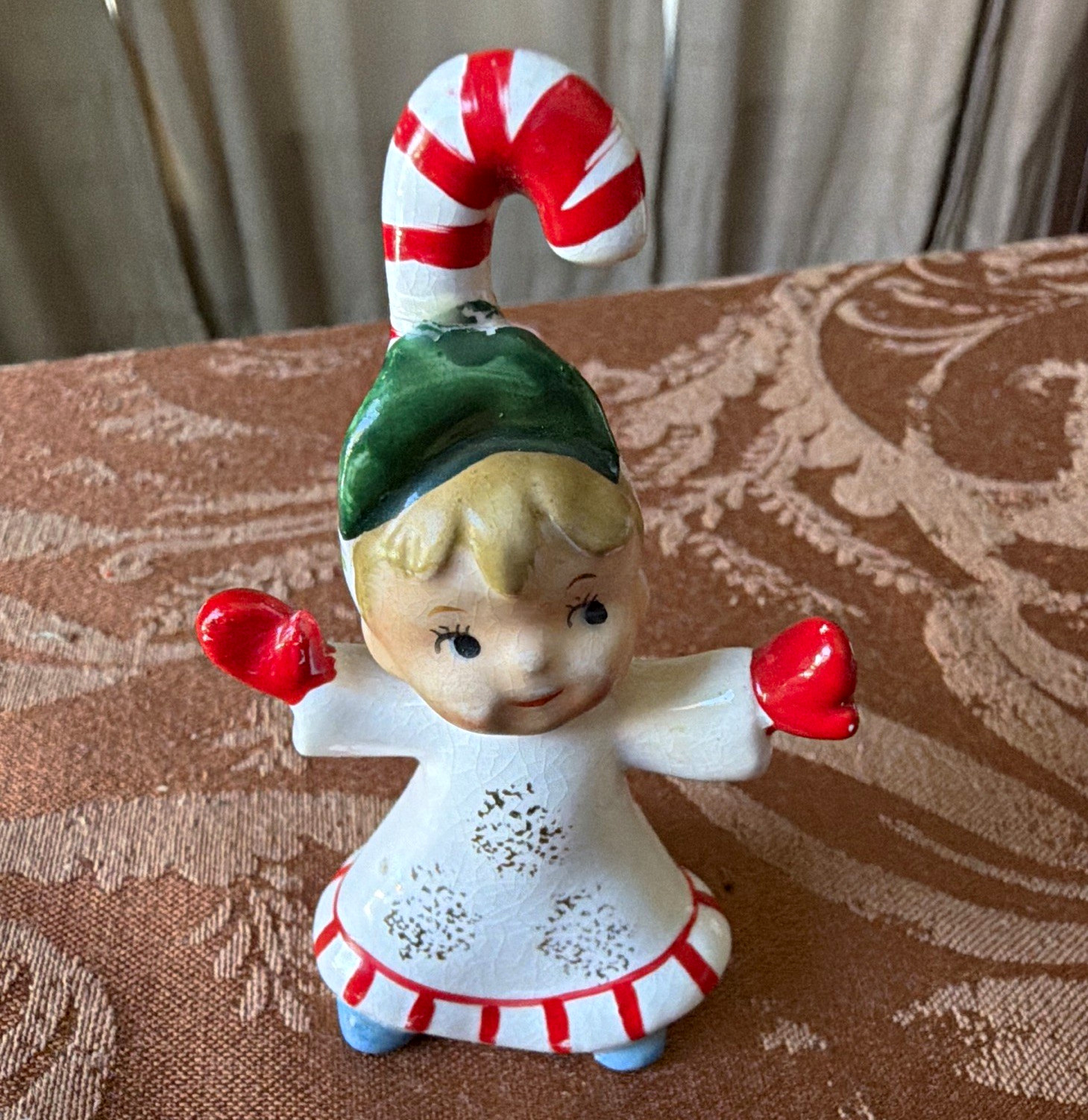 Lefton Vtg Christmas Candy cane kids  Ceramic Hand Painted Signed 1950s #625