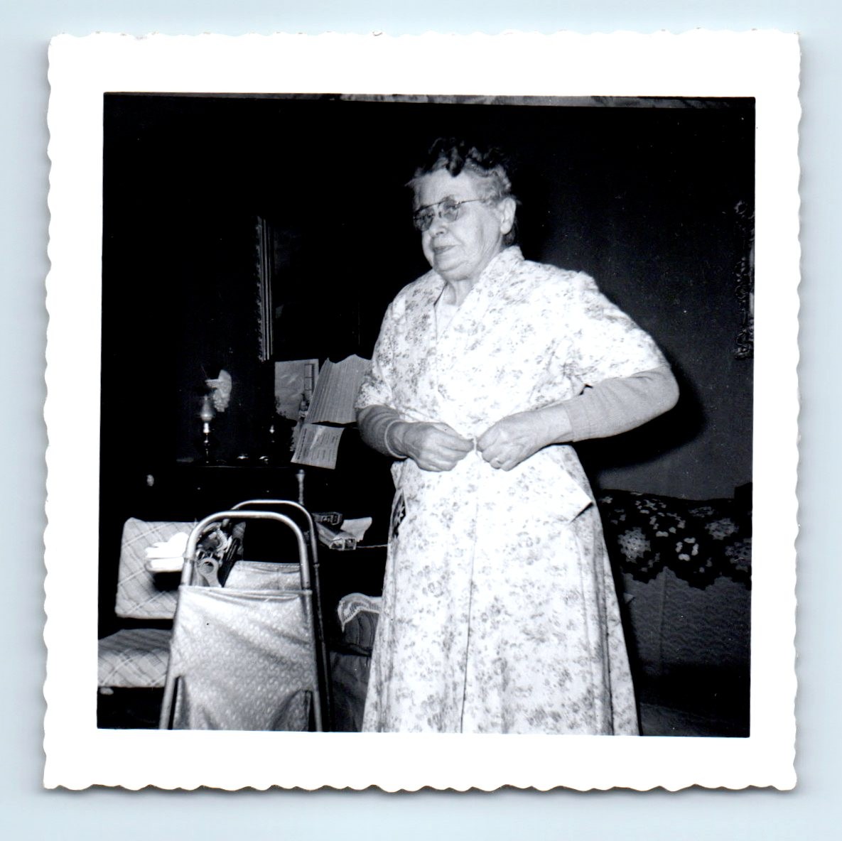Old Vintage Square Photo SOLO OLDER ELDERLY WOMAN GLASSES WALKER SNAPSHOT