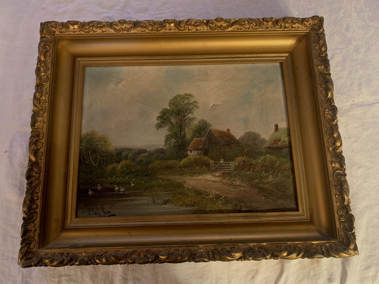 Antique Signed Oil Painting Scenic House & Stream.. Ornate Frame Small Tear Antique Signed Oil Painting Scenic House & Stream.. Ornate Frame Small Tear