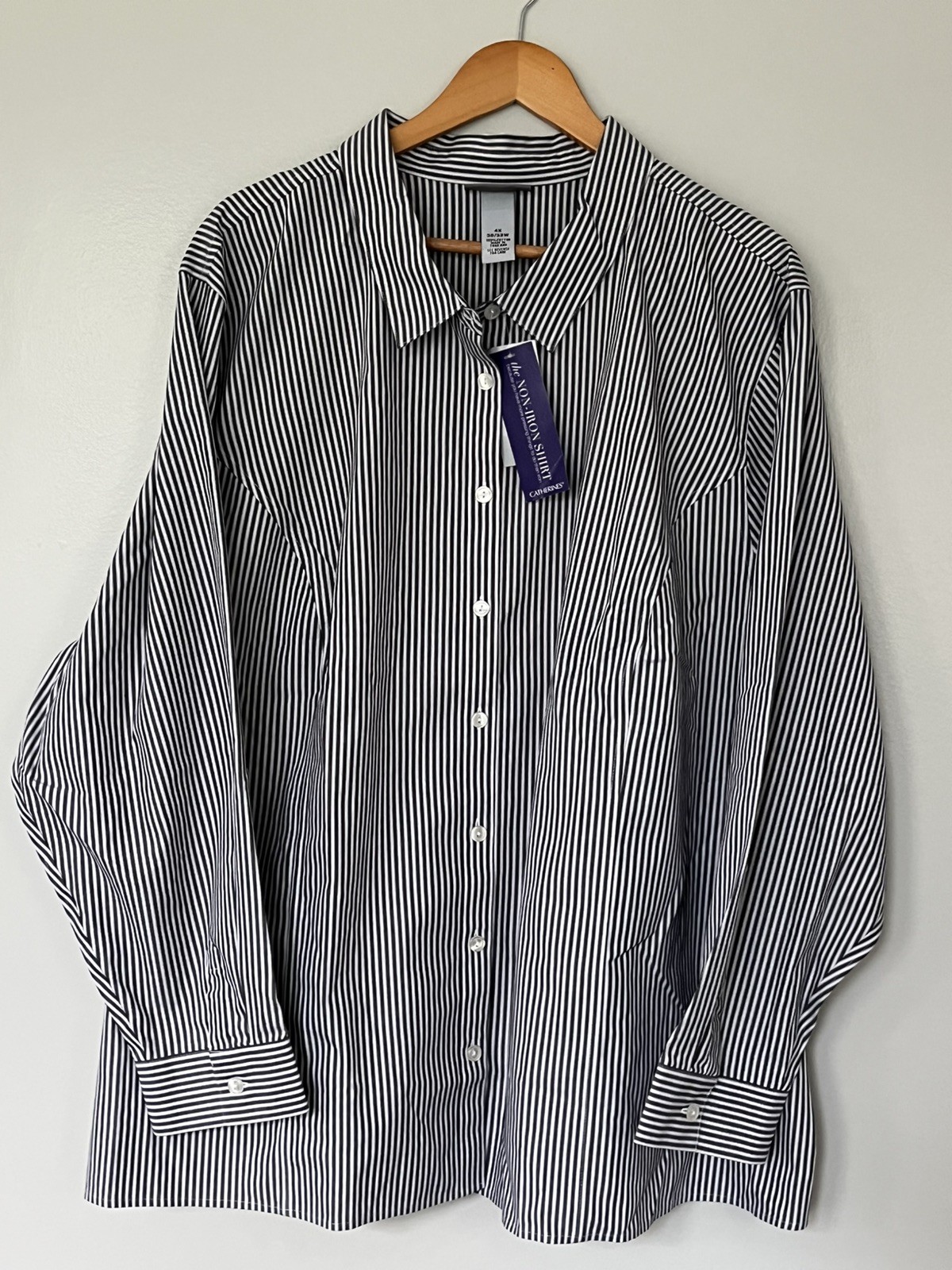 Catherines Womens 4X 30/32W Shirt Gray White Stripe Cotton Non Iron NWT Catherines Womens 4X 30/32W Shirt Gray White Stripe Cotton Non Iron NWT