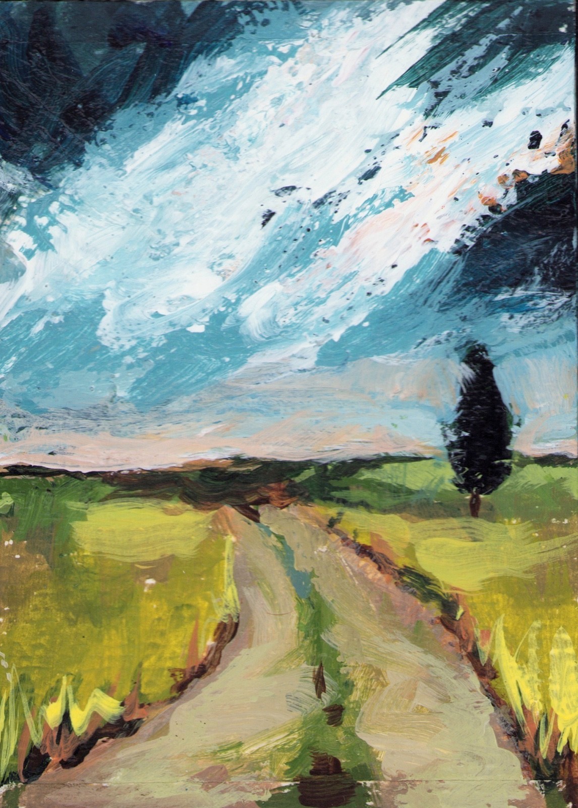 aceo original painting 2.5x3.5, stormy sky, blue and green. aceo original painting 2.5x3.5, stormy sky, blue and green.