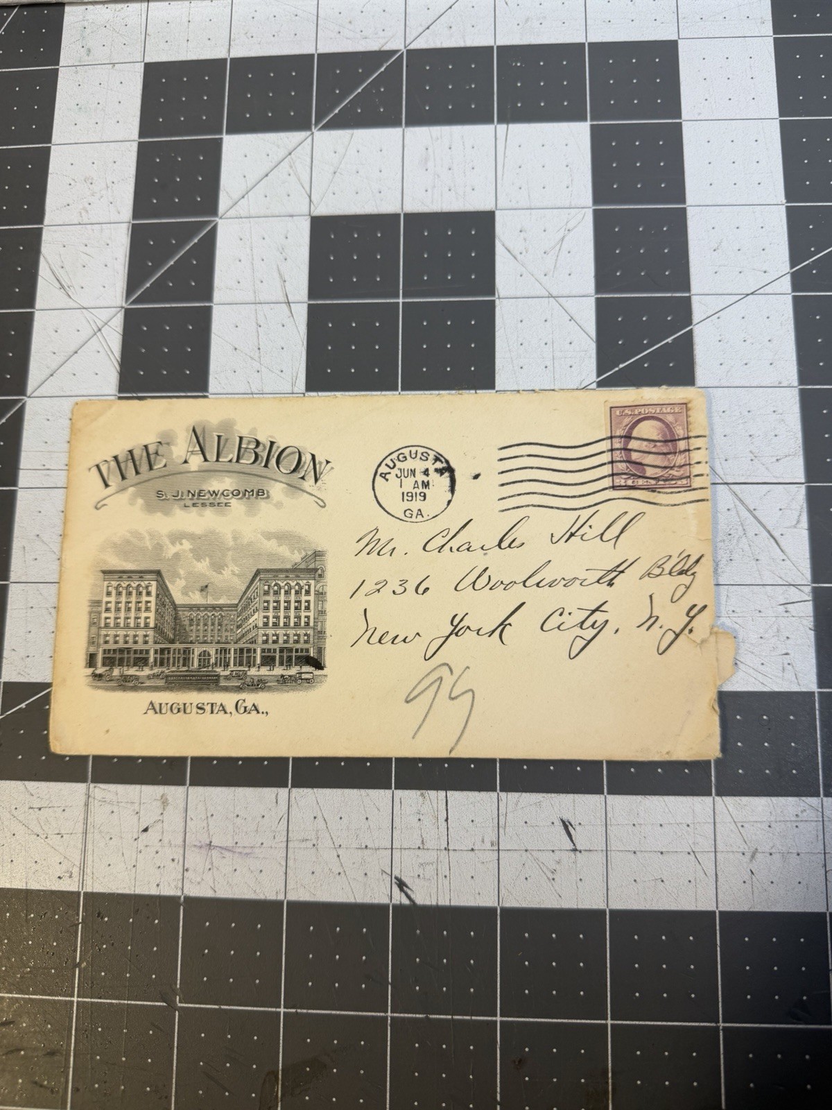 The Albion Hotel envelope postmarked June 4, 1919 Augusta Georgia The Albion Hotel envelope postmarked June 4, 1919 Augusta Georgia