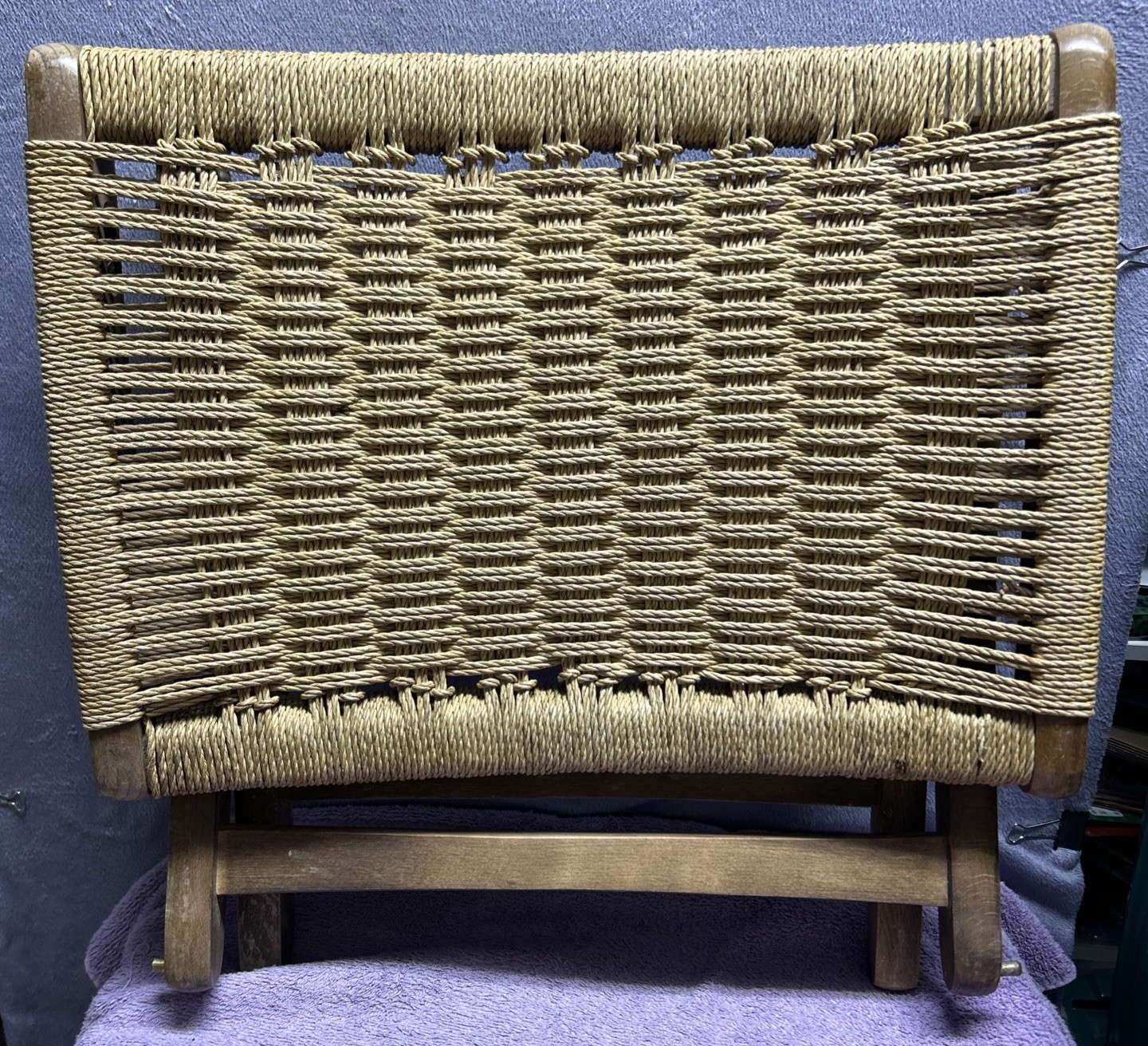 Vintage MCM Folding Rope Stool Ottoman Yugoslavia Wegner Style Danish Cord