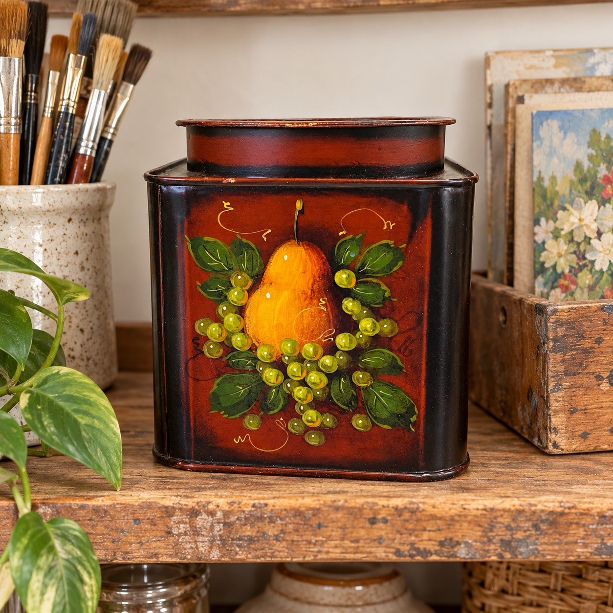 John Dunn Signed Folk Art Hand Painted Tole Tin Pear Grapes Lidded Canister John Dunn Signed Folk Art Hand Painted Tole Tin Pear Grapes Lidded Canister
