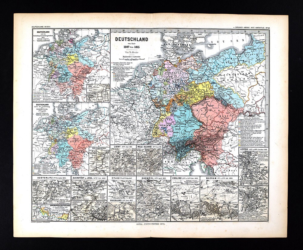 1880 Spruner Map Germany 1807-1815 Napoleonic Wars Essling Wagram Leipzig