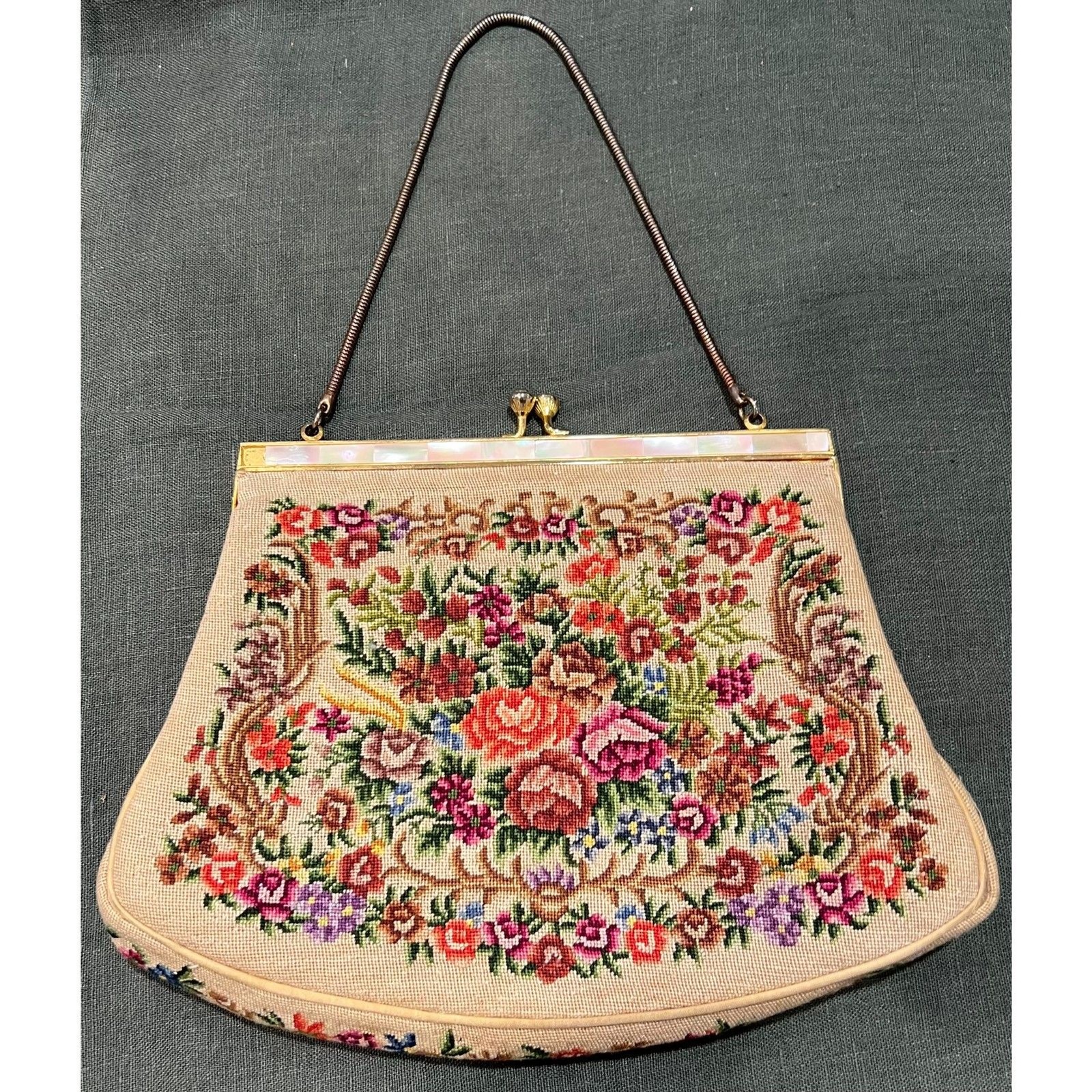 Vintage 1950s Floral Needlepoint / Petit Point Evening Bag