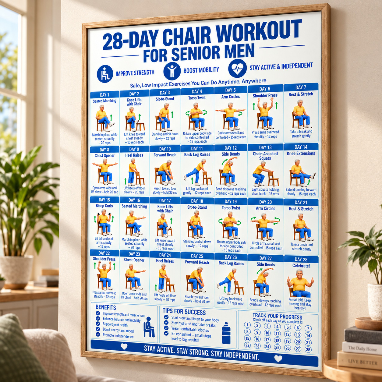 28 Day Chair Exercises for Senior Men Poster & Canvas, Seated Workout Chart