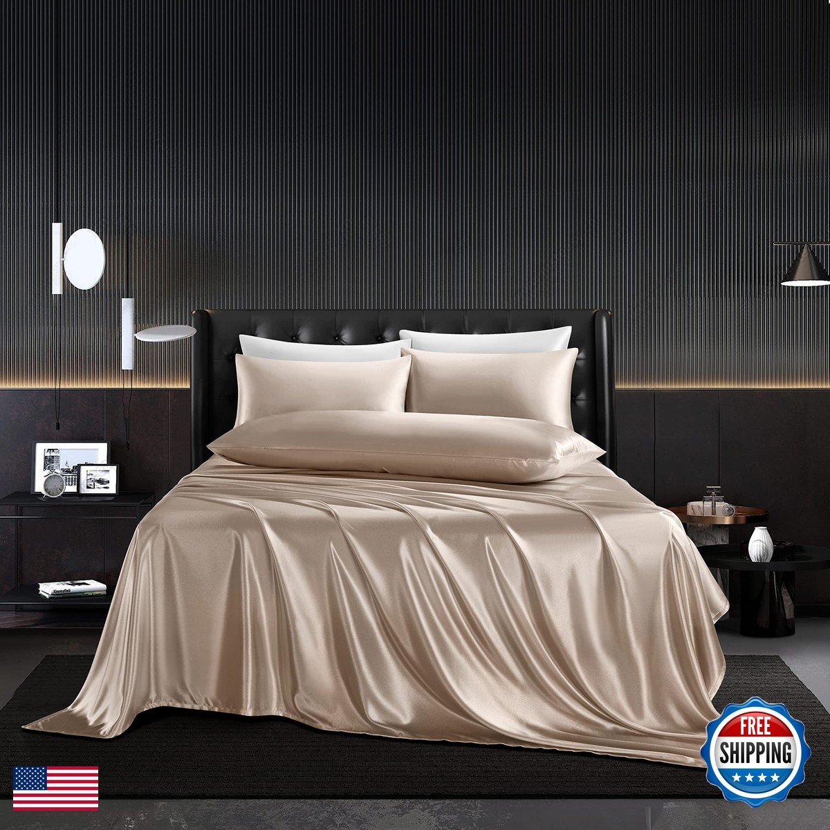 HommxJF 5Pcs Satin Sheets Set Full Size Taupe HommxJF 5Pcs Satin Sheets Set Full Size Taupe