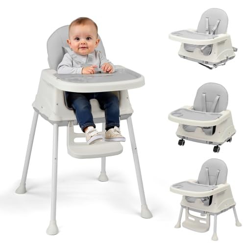 4-in-1 Baby High Chair, Portable Highchair 5-Point Safety Harness and Wheels