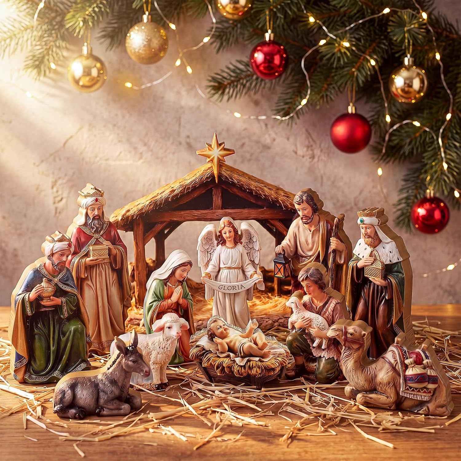 12 Pcs Christmas Nativity Scene Set, Wooden Christmas Decor Holy Family Figurine