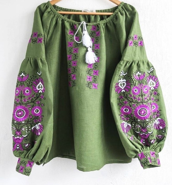 Vyshyvanka Elegant Ukrainian embroidered blouse Top Shirt green color XS-4XL