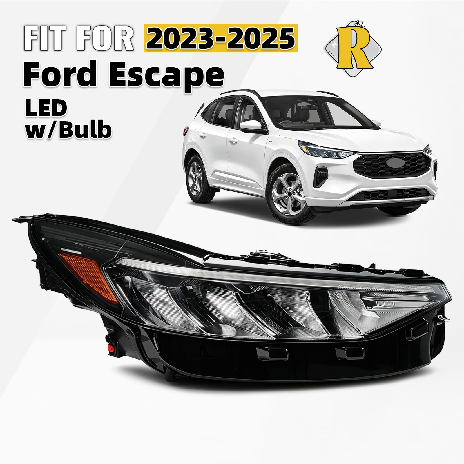 Full LED Headlight For 2023-2025 Ford Escape w/Bulb w/Black Housing Right Side