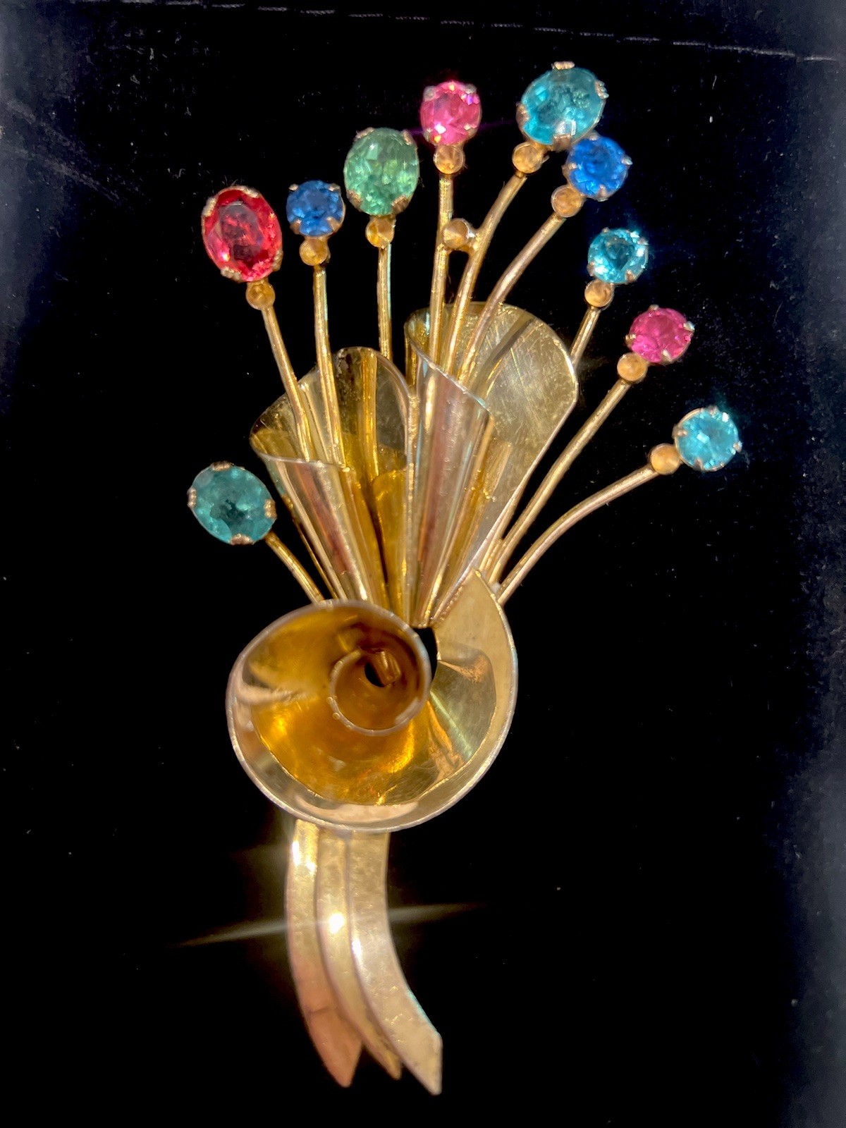 1930s Huge COROCRAFT VERMEIL STERLING Floral Multi Color Crystal BROOCH 4.5x2.5\